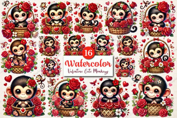 Download Watercolor Valentine Cute Monkeys PNG - Monkeys Collection
