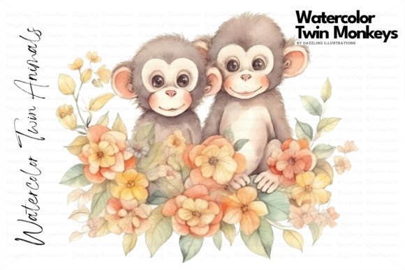 Download Watercolor Twin Monkeys with Flowers - Premium Resources