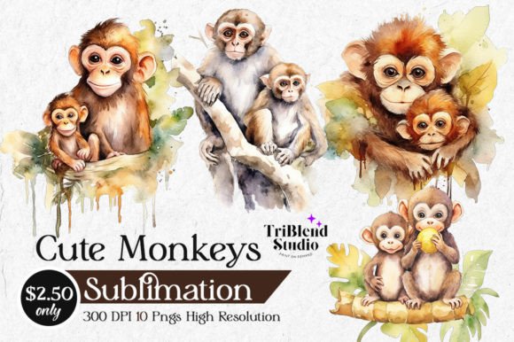 Download Cute Monkeys Watercolor Cliparts - Monkeys Collection